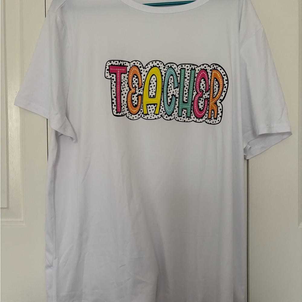 White women’s  Shirt with Colorful 'Teacher' Design
